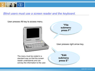 Blind users must use a screen reader and the keyboard. User presses Alt key to access menu.  User presses right arrow key. The menu must be coded in a  standard way so that the screen  reader understands and can convey the information to the user. 