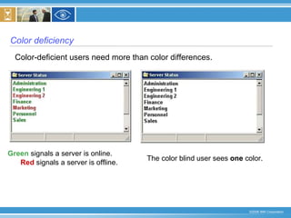 Color deficiency Green   signals a server is online. Red   signals a server is offline. Color-deficient users need more than color differences. The color blind user sees  one  color. 