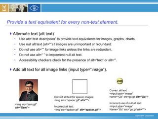 Provide a text equivalent for every non-text element. Alternate text (alt text) Use alt=“ text description ” to provide text equivalents for images, graphs, charts. Use null alt text (alt=“”) if images are unimportant or redundant. Do not use alt=“” for image links unless the links are redundant. Do not use alt=“ ” to implement null alt text. Accessibility checkers check for the presence of alt=“text” or alt=“”. Add alt text for all image links (input type=“image”). <img src=“sam.gif” alt=“Sam” > Correct alt text for spacer images: <img src= “spacer.gif”  alt=“” > Incorrect alt text: <img src=“spacer.gif”  alt=“spacer.gif” > Correct alt text: <input type=“image” name=“Go” src=go.gif  alt=“Go” > Incorrect use of null alt text: <input ytpe=“image” Name=“Go” src=“go.gif  alt=“” > 