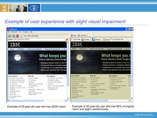 Example of user experience with slight visual impairment Example of 20-year-old user who has 20/20 vision.   Example of 50-year-old user who has 80% of original vision and slight colorblindness.   