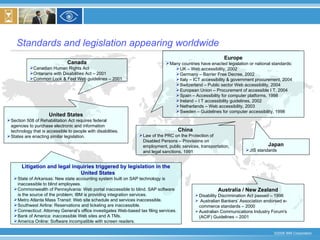Standards and legislation appearing worldwide United States Section 508 of Rehabilitation Act requires federal agencies to purchase electronic and information technology that is accessible to people with disabilities. States are enacting similar legislation. Litigation and legal inquiries triggered by legislation in the United States State of Arkansas: N ew state accounting system built on SAP technology is inaccessible to blind employees. Commonwealth of Pennsylvania: Web portal inaccessible to blind. SAP software is the source of the problem; IBM is providing integration services. Metro Atlanta Mass Transit: Web site schedule and services inaccessible. Southwest Airline: Reservations and ticketing are inaccessible. Connecticut: Attorney General’s office investigates Web-based tax filing services. Bank of America: inaccessible Web sites and A TMs. America Online: Software incompatible with screen readers. Canada Canadian Human Rights Act Ontarians with Disabilities Act – 2001 Common Look & Feel Web guidelines – 2001 Europe Many countries have enacted legislation or national standards: UK – Web accessibility, 2002 Germany – Barrier Free Decree, 2002 Italy – ICT accessibility & government procurement, 2004 Switzerland – Public sector Web accessibility, 2004 European Union – Procurement of accessible I T, 2004 Spain – Accessibility for computer platforms, 1998 Ireland – I T accessibility guidelines, 2002 Netherlands – Web accessibility, 2003 Sweden – Guidelines for computer accessibility, 1998 China Law of the PRC on the Protection of Disabled Persons – Provisions on employment, public services, transportation, and legal sanctions, 1991 Japan JIS standards  Australia / New Zealand Disability Discrimination Act passed – 1996  Australian Bankers’ Association endorsed e-commerce standards – 2000  Australian Communications Industry Forum's (ACIF) Guidelines – 2001  