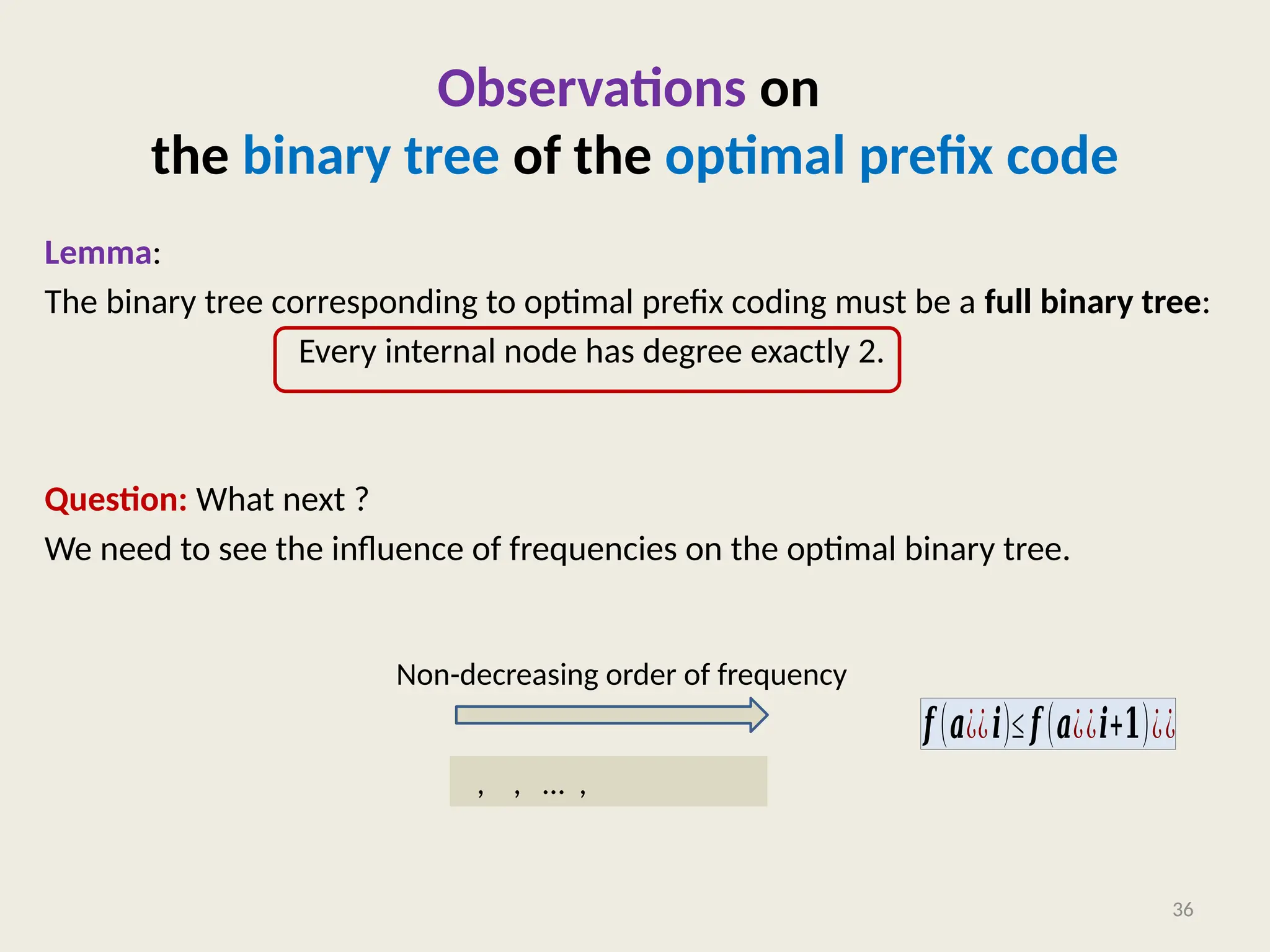 Observations on
the binary tree of the optimal prefix code
Lemma:
The binary tree corresponding to optimal prefix coding must be a full binary tree:
Every internal node has degree exactly 2.
Question: What next ?
We need to see the influence of frequencies on the optimal binary tree.
36
, , … ,
Non-decreasing order of frequency
𝒇(𝒂¿¿𝒊)≤𝒇(𝒂¿¿𝒊+𝟏)¿¿
 