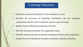 Learning Outcomes
1. Outline the structure and function of the respiratory system.
2. Describe the processes of breathing (ventilation) and gas exchange
(respiration) and the role of respiratory system in gas exchange.
4. Identify factors influencing respiratory function.
5. Describe nursing assessments for oxygenation status.
6. Describe nursing measures to promote respiratory function and oxygenation.
7. Explain the use of therapeutic measures to promote respiratory function.
 