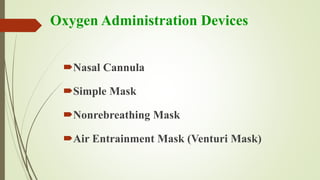 Oxygen Administration Devices
Nasal Cannula
Simple Mask
Nonrebreathing Mask
Air Entrainment Mask (Venturi Mask)
 
