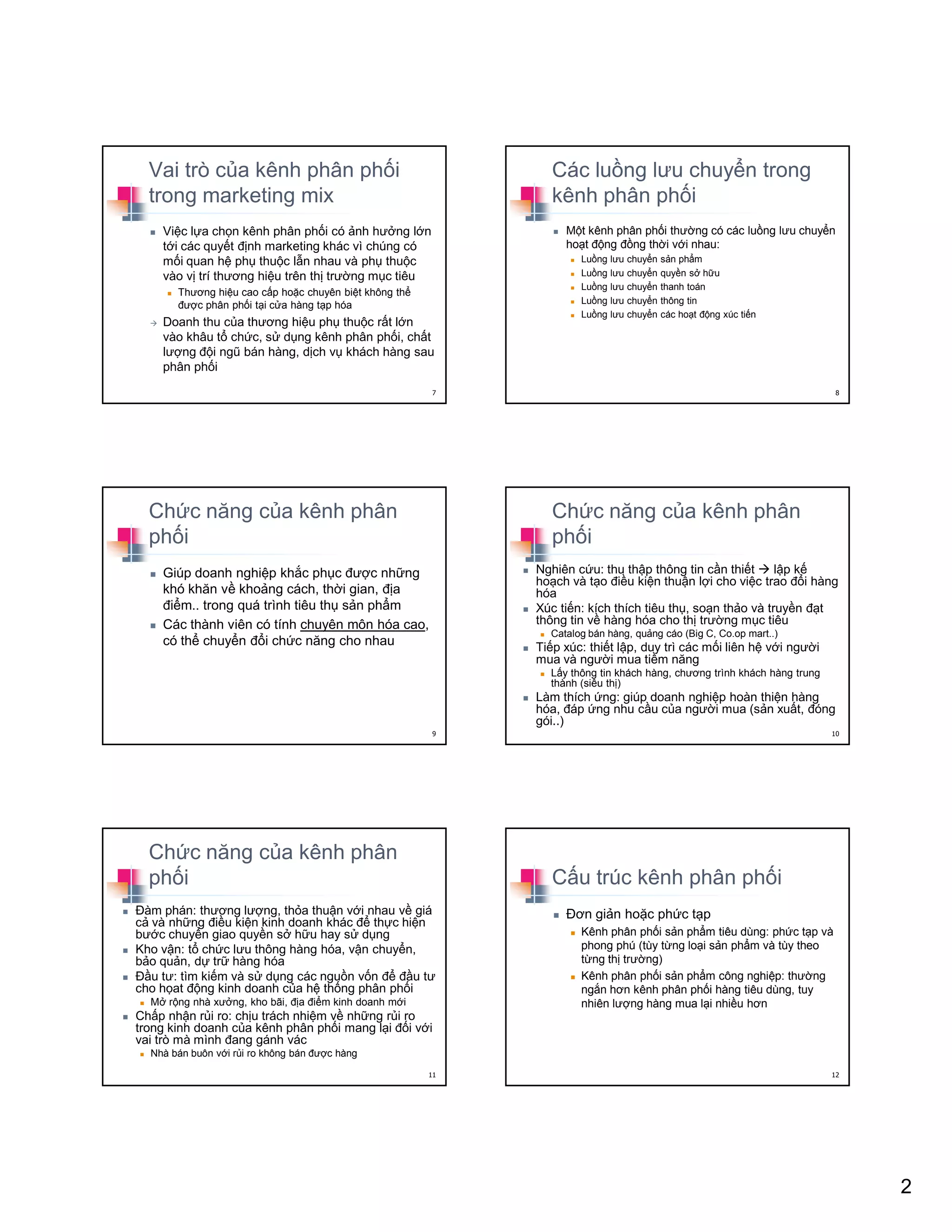 2
Vai trò c a kênh phân ph i
trong marketing mix
Vi c l a ch n kênh phân ph i có nh hư ng l n
t i các quy t ñ nh marketing khác vì chúng có
m i quan h ph thu c l n nhau và ph thu c
vào v trí thương hi u trên th trư ng m c tiêu
Thương hi u cao c p ho c chuyên bi t không th
ñư c phân ph i t i c a hàng t p hóa
Doanh thu c a thương hi u ph thu c r t l n
vào khâu t ch c, s d ng kênh phân ph i, ch t
lư ng ñ i ngũ bán hàng, d ch v khách hàng sau
phân ph i
7
Các lu ng lưu chuy n trong
kênh phân ph i
M t kênh phân ph i thư ng có các lu ng lưu chuy n
ho t ñ ng ñ ng th i v i nhau:
Lu ng lưu chuy n s n ph m
Lu ng lưu chuy n quy n s h u
Lu ng lưu chuy n thanh toán
Lu ng lưu chuy n thông tin
Lu ng lưu chuy n các ho t ñ ng xúc ti n
8
Ch c năng c a kênh phân
ph i
Giúp doanh nghi p kh c ph c ñư c nh ng
khó khăn v kho ng cách, th i gian, ñ a
ñi m.. trong quá trình tiêu th s n ph m
Các thành viên có tính chuyên môn hóa cao,
có th chuy n ñ i ch c năng cho nhau
9
Ch c năng c a kênh phân
ph i
Nghiên c u: thu th p thông tin c n thi t l p k
ho ch và t o ñi u ki n thu n l i cho vi c trao ñ i hàng
hóa
Xúc ti n: kích thích tiêu th , so n th o và truy n ñ t
thông tin v hàng hóa cho th trư ng m c tiêu
Catalog bán hàng, qu ng cáo (Big C, Co.op mart..)
Ti p xúc: thi t l p, duy trì các m i liên h v i ngư i
mua và ngư i mua ti m năng
L y thông tin khách hàng, chương trình khách hàng trung
thành (siêu th )
Làm thích ng: giúp doanh nghi p hoàn thi n hàng
hóa, ñáp ng nhu c u c a ngư i mua (s n xu t, ñóng
gói..)
10
Ch c năng c a kênh phân
ph i
ðàm phán: thương lư ng, th a thu n v i nhau v giá
c và nh ng ñi u ki n kinh doanh khác ñ th c hi n
bư c chuy n giao quy n s h u hay s d ng
Kho v n: t ch c lưu thông hàng hóa, v n chuy n,
b o qu n, d tr hàng hóa
ð u tư: tìm ki m và s d ng các ngu n v n ñ ñ u tư
cho h at ñ ng kinh doanh c a h th ng phân ph i
M r ng nhà xư ng, kho bãi, ñ a ñi m kinh doanh m i
Ch p nh n r i ro: ch u trách nhi m v nh ng r i ro
trong kinh doanh c a kênh phân ph i mang l i ñ i v i
vai trò mà mình ñang gánh vác
Nhà bán buôn v i r i ro không bán ñư c hàng
11
C u trúc kênh phân ph i
ðơn gi n ho c ph c t p
Kênh phân ph i s n ph m tiêu dùng: ph c t p và
phong phú (tùy t ng lo i s n ph m và tùy theo
t ng th trư ng)
Kênh phân ph i s n ph m công nghi p: thư ng
ng n hơn kênh phân ph i hàng tiêu dùng, tuy
nhiên lư ng hàng mua l i nhi u hơn
12
 