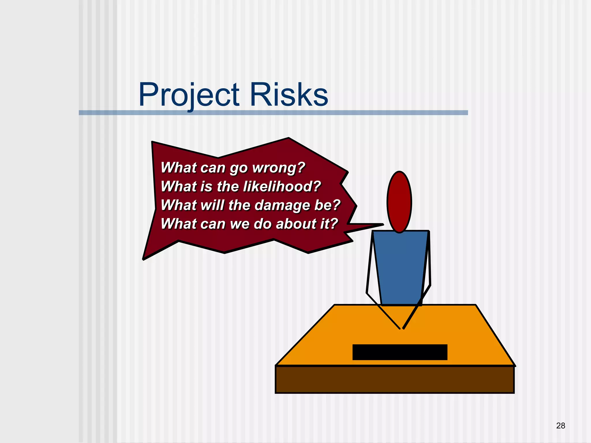28Project RisksWhat can go wrong?What is the likelihood?What will the damage be?What can we do about it?