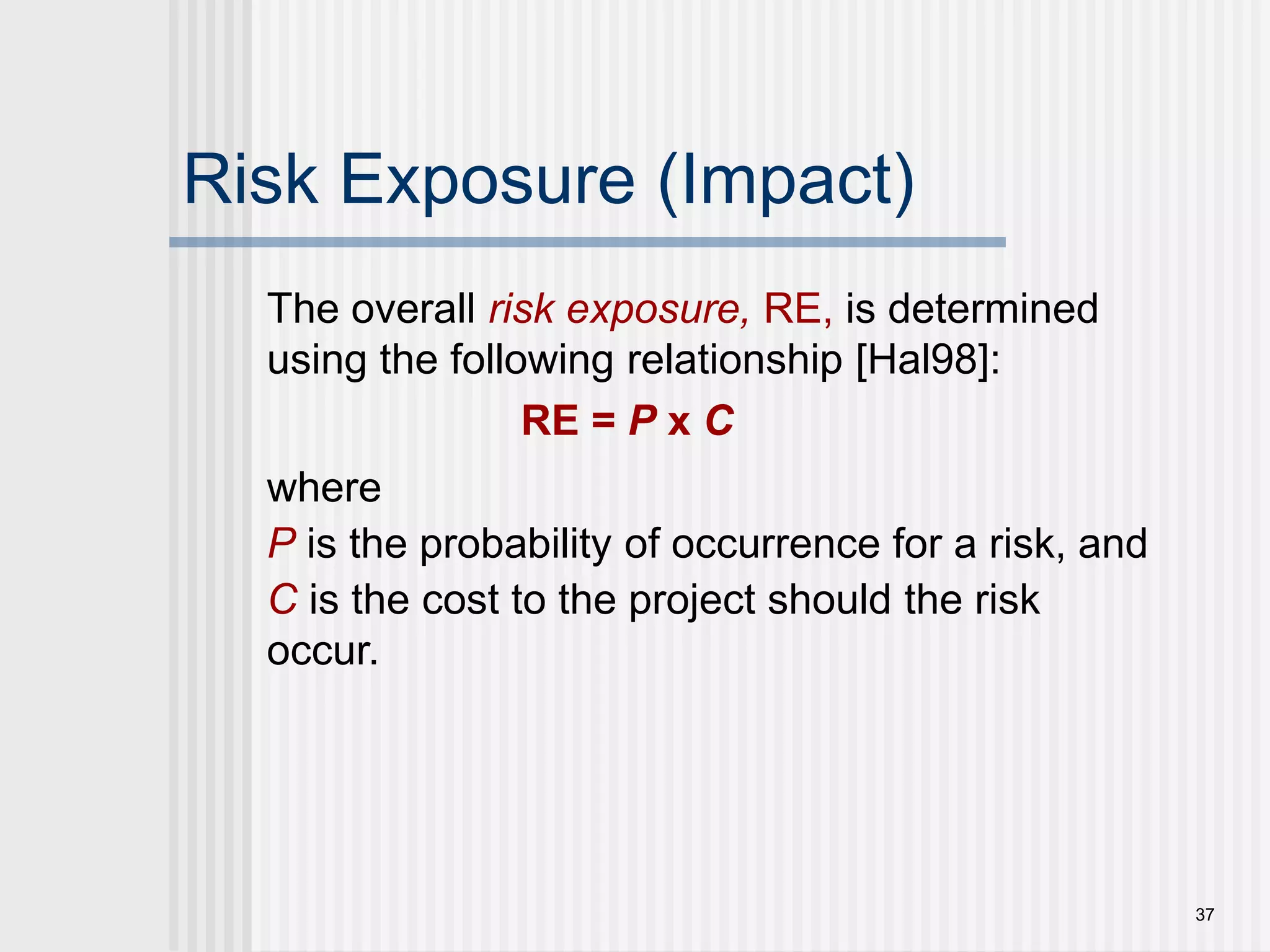 37Risk Exposure (Impact)The overall risk exposure, RE, is determined using the following relationship [Hal98]:RE = P x Cwhere P is the probability of occurrence for a risk, and C is the cost to the project should the risk occur.