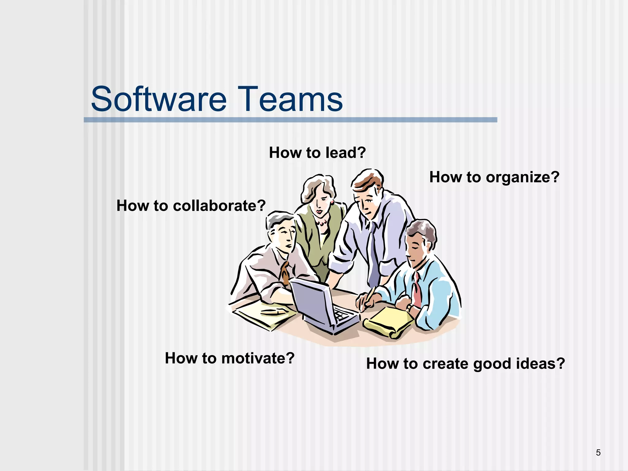 5How to lead?How to organize?How to collaborate?How to motivate?How to create good ideas?Software Teams