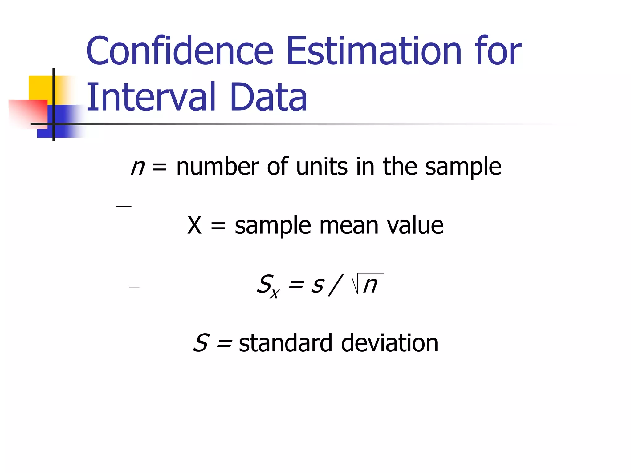 Confidence Estimation for
Interval Data
n = number of units in the sample
X = sample mean value
Sx = s / n
S = standard deviation
 