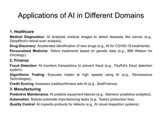 Applications of AI in Different Domains
1. Healthcare
Medical Diagnostics: AI analyzes medical images to detect diseases like cancer (e.g.,
DeepMind’s retinal scan analysis).
Drug Discovery: Accelerates identification of new drugs (e.g., AI for COVID-19 treatments).
Personalized Medicine: Tailors treatments based on genetic data (e.g., IBM Watson for
Oncology).
2. Finance
Fraud Detection: AI monitors transactions to prevent fraud (e.g., PayPal’s fraud detection
system).
Algorithmic Trading: Executes trades at high speeds using AI (e.g., Renaissance
Technologies).
Credit Scoring: Assesses creditworthiness with AI (e.g., ZestFinance).
3. Manufacturing
Predictive Maintenance: AI predicts equipment failures (e.g., Siemens’ predictive analytics).
Automation: Robots automate manufacturing tasks (e.g., Tesla’s production line).
Quality Control: AI inspects products for defects (e.g., AI visual inspection systems).
 