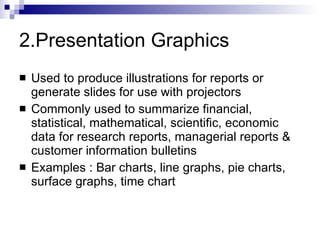 2.Presentation Graphics Used to produce illustrations for reports or generate slides for use with projectors Commonly used to summarize financial, statistical, mathematical, scientific, economic data for research reports, managerial reports & customer information bulletins Examples : Bar charts, line graphs, pie charts, surface graphs, time chart 