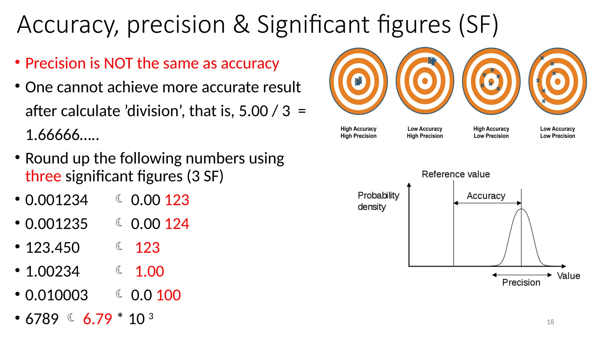 18
Accuracy, precision & Significant figures (SF)
• Precision is NOT the same as accuracy
• One cannot achieve more accurate result
after calculate ’division’, that is, 5.00 / 3 =
1.66666…..
• Round up the following numbers using
three significant figures (3 SF)
• 0.001234  0.00 123
• 0.001235  0.00 124
• 123.450  123
• 1.00234  1.00
• 0.010003  0.0 100
• 6789  6.79 * 10 3
 