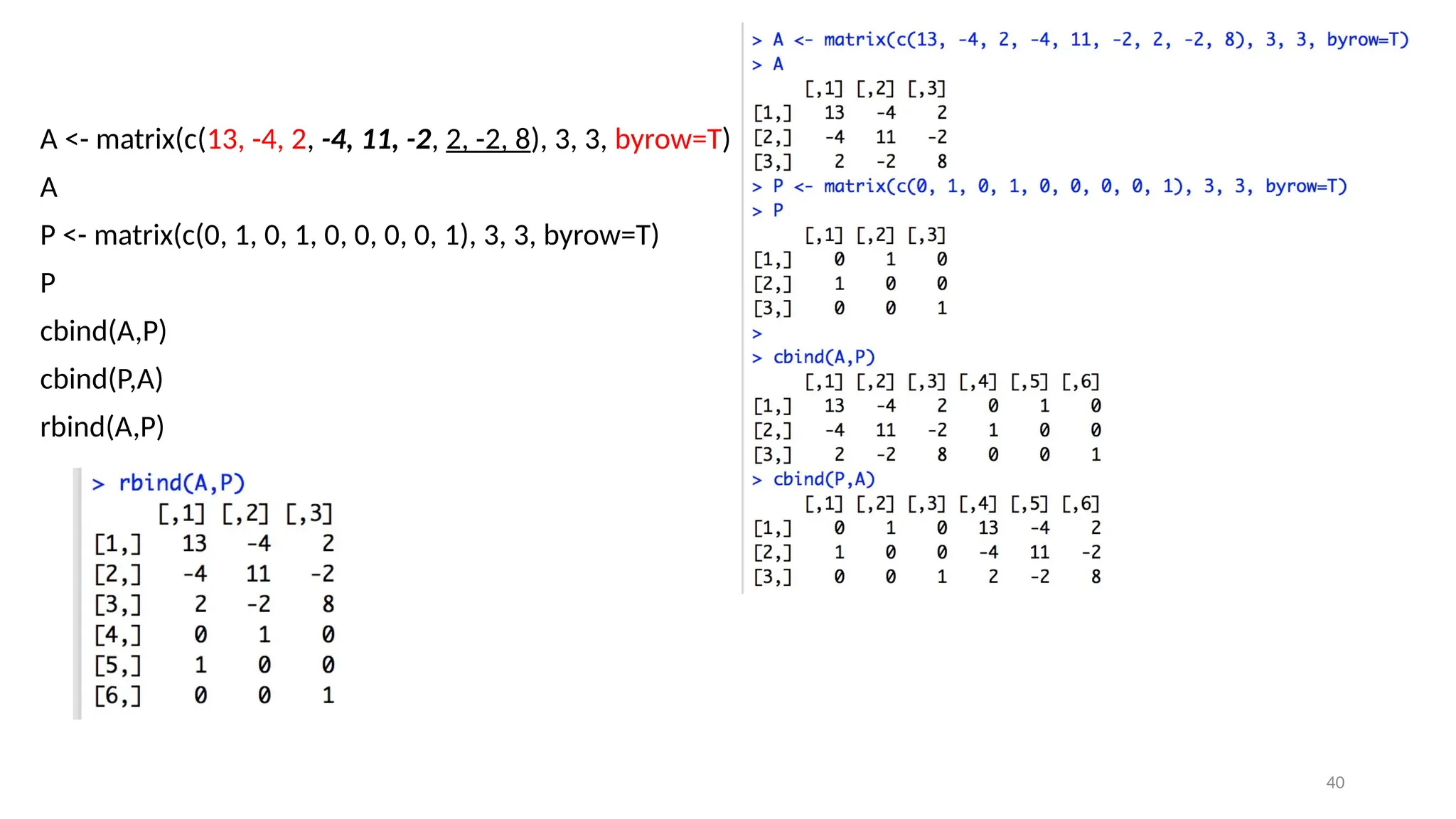 40
A <- matrix(c(13, -4, 2, -4, 11, -2, 2, -2, 8), 3, 3, byrow=T)
A
P <- matrix(c(0, 1, 0, 1, 0, 0, 0, 0, 1), 3, 3, byrow=T)
P
cbind(A,P)
cbind(P,A)
rbind(A,P)
 