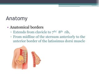Anatomy
• Anatomical borders
▫ Extends from clavicle to 7th/ 8th rib,
▫ From midline of the sternum anteriorly to the
anterior border of the latissimus dorsi muscle
 
