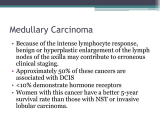 Medullary Carcinoma
• Because of the intense lymphocyte response,
benign or hyperplastic enlargement of the lymph
nodes of the axilla may contribute to erroneous
clinical staging.
• Approximately 50% of these cancers are
associated with DCIS
• <10% demonstrate hormone receptors
• Women with this cancer have a better 5-year
survival rate than those with NST or invasive
lobular carcinoma.
 