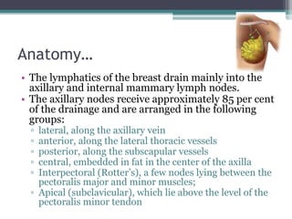 Anatomy…
• The lymphatics of the breast drain mainly into the
axillary and internal mammary lymph nodes.
• The axillary nodes receive approximately 85 per cent
of the drainage and are arranged in the following
groups:
▫ lateral, along the axillary vein
▫ anterior, along the lateral thoracic vessels
▫ posterior, along the subscapular vessels
▫ central, embedded in fat in the center of the axilla
▫ Interpectoral (Rotter’s), a few nodes lying between the
pectoralis major and minor muscles;
▫ Apical (subclavicular), which lie above the level of the
pectoralis minor tendon
 