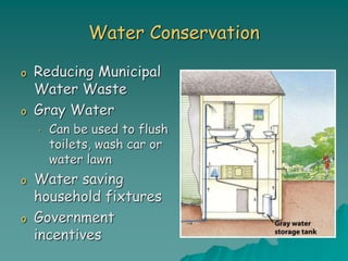 Water Conservation
o Reducing Municipal
Water Waste
o Gray Water
• Can be used to flush
toilets, wash car or
water lawn
o Water saving
household fixtures
o Government
incentives
 