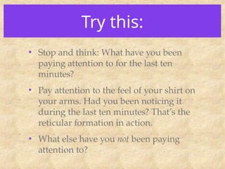 Try this:
• Stop and think: What have you been
paying attention to for the last ten
minutes?
• Pay attention to the feel of your shirt on
your arms. Had you been noticing it
during the last ten minutes? That’s the
reticular formation in action.
• What else have you not been paying
attention to?
 