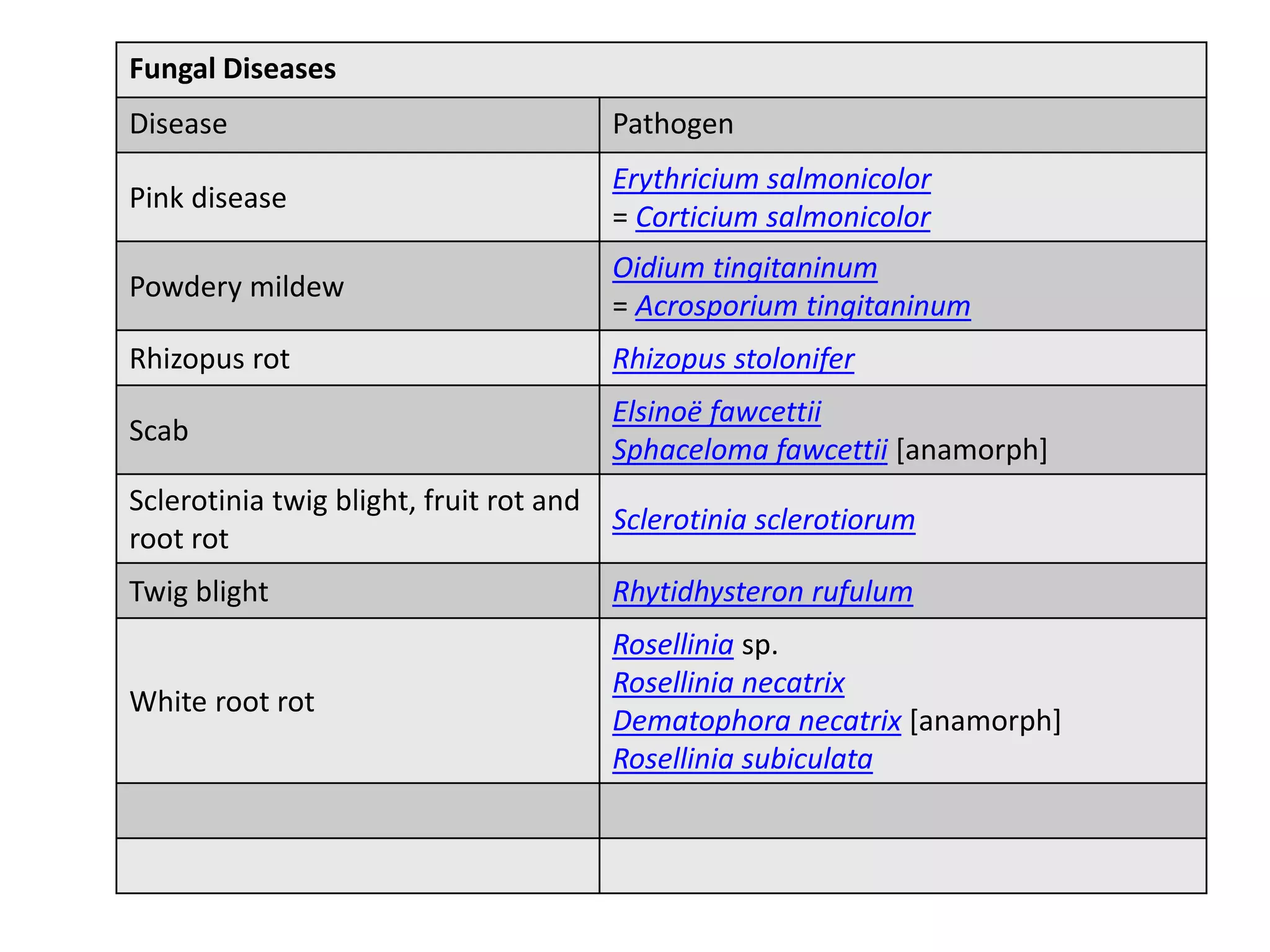 Fungal Diseases
Disease Pathogen
Pink disease
Erythricium salmonicolor
= Corticium salmonicolor
Powdery mildew
Oidium tingitaninum
= Acrosporium tingitaninum
Rhizopus rot Rhizopus stolonifer
Scab
Elsinoë fawcettii
Sphaceloma fawcettii [anamorph]
Sclerotinia twig blight, fruit rot and
root rot
Sclerotinia sclerotiorum
Twig blight Rhytidhysteron rufulum
White root rot
Rosellinia sp.
Rosellinia necatrix
Dematophora necatrix [anamorph]
Rosellinia subiculata
 