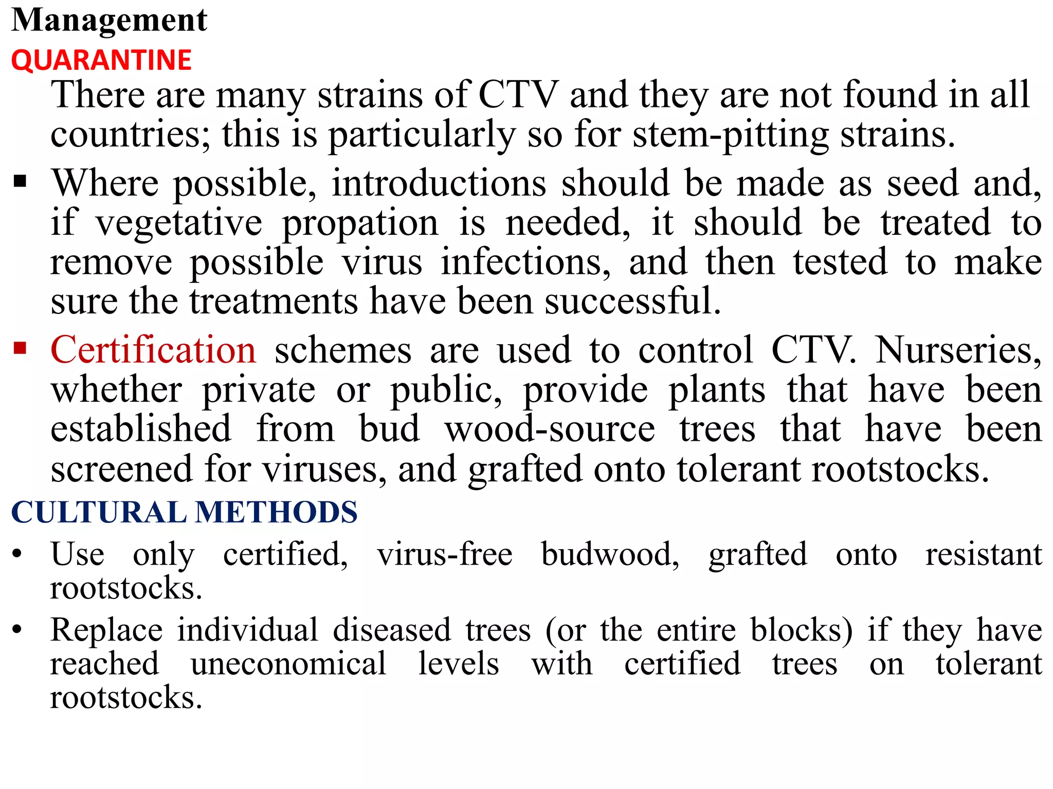 Management
QUARANTINE
There are many strains of CTV and they are not found in all
countries; this is particularly so for stem-pitting strains.
 Where possible, introductions should be made as seed and,
if vegetative propation is needed, it should be treated to
remove possible virus infections, and then tested to make
sure the treatments have been successful.
 Certification schemes are used to control CTV. Nurseries,
whether private or public, provide plants that have been
established from bud wood-source trees that have been
screened for viruses, and grafted onto tolerant rootstocks.
CULTURAL METHODS
• Use only certified, virus-free budwood, grafted onto resistant
rootstocks.
• Replace individual diseased trees (or the entire blocks) if they have
reached uneconomical levels with certified trees on tolerant
rootstocks.
 