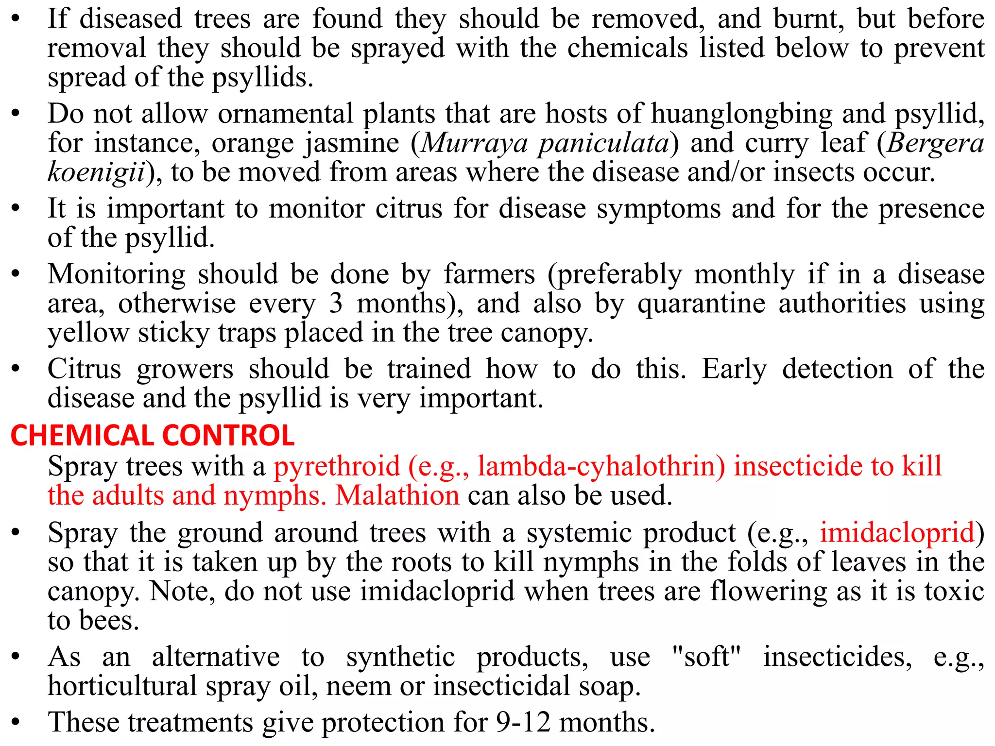 • If diseased trees are found they should be removed, and burnt, but before
removal they should be sprayed with the chemicals listed below to prevent
spread of the psyllids.
• Do not allow ornamental plants that are hosts of huanglongbing and psyllid,
for instance, orange jasmine (Murraya paniculata) and curry leaf (Bergera
koenigii), to be moved from areas where the disease and/or insects occur.
• It is important to monitor citrus for disease symptoms and for the presence
of the psyllid.
• Monitoring should be done by farmers (preferably monthly if in a disease
area, otherwise every 3 months), and also by quarantine authorities using
yellow sticky traps placed in the tree canopy.
• Citrus growers should be trained how to do this. Early detection of the
disease and the psyllid is very important.
CHEMICAL CONTROL
Spray trees with a pyrethroid (e.g., lambda-cyhalothrin) insecticide to kill
the adults and nymphs. Malathion can also be used.
• Spray the ground around trees with a systemic product (e.g., imidacloprid)
so that it is taken up by the roots to kill nymphs in the folds of leaves in the
canopy. Note, do not use imidacloprid when trees are flowering as it is toxic
to bees.
• As an alternative to synthetic products, use "soft" insecticides, e.g.,
horticultural spray oil, neem or insecticidal soap.
• These treatments give protection for 9-12 months.
 