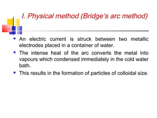 I. Physical method (Bridge‘s arc method)
 An electric current is struck between two metallic
electrodes placed in a container of water.
 The intense heat of the arc converts the metal into
vapours which condensed immediately in the cold water
bath.
 This results in the formation of particles of colloidal size.
 