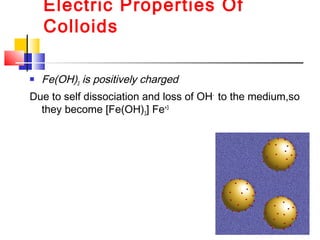 Electric Properties Of
Colloids
 Fe(OH)3 is positively charged
Due to self dissociation and loss of OH-
to the medium,so
they become [Fe(OH)3] Fe+3
 