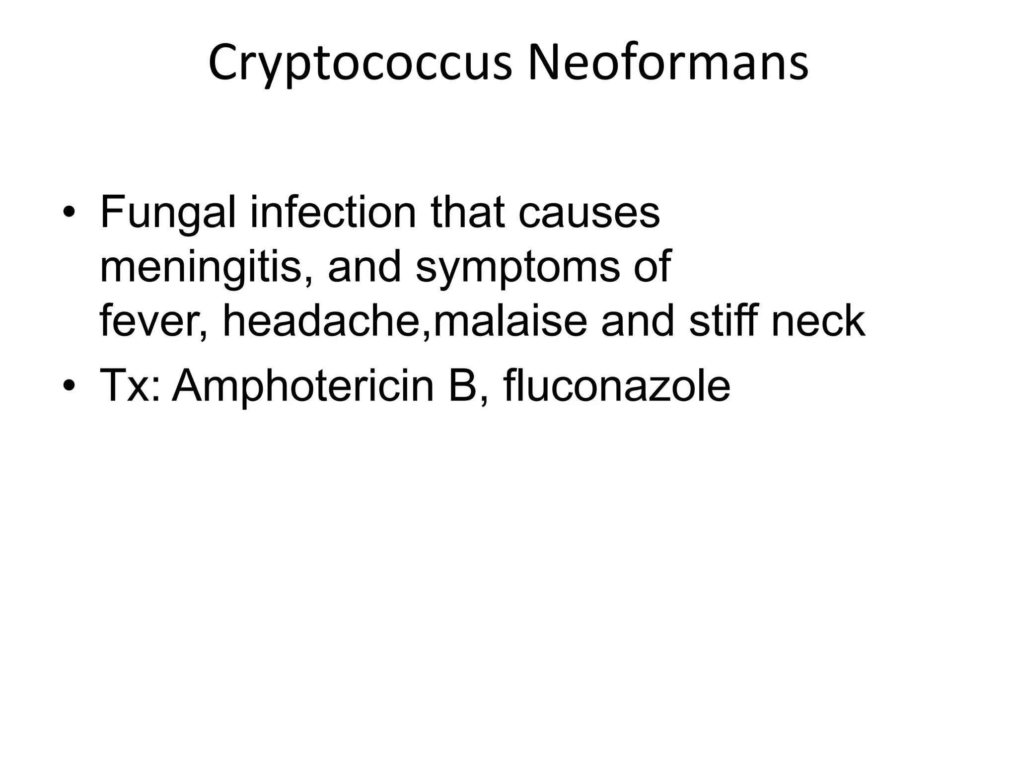 Cryptococcus NeoformansFungal infection that causes meningitis, and symptoms of fever, headache,malaise and stiff neckTx: Amphotericin B, fluconazole