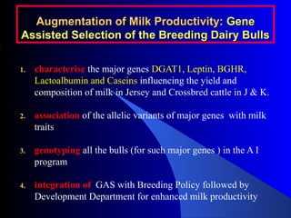 Augmentation of Milk Productivity:Augmentation of Milk Productivity: GeneGene
Assisted Selection of the Breeding Dairy BullsAssisted Selection of the Breeding Dairy Bulls
1. characterise the major genes DGAT1, Leptin, BGHR,
Lactoalbumin and Caseins influencing the yield and
composition of milk in Jersey and Crossbred cattle in J & K.
2. association of the allelic variants of major genes with milk
traits
3. genotyping all the bulls (for such major genes ) in the A I
program
4. integration of GAS with Breeding Policy followed by
Development Department for enhanced milk productivity
 