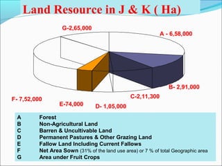Land Resource in J & K ( Ha)
G-2,65,000
E-74,000 D- 1,05,000
C-2,11,300
B- 2,91,000
A - 6,58,000
F- 7,52,000
A Forest
B Non-Agricultural Land
C Barren & Uncultivable Land
D Permanent Pastures & Other Grazing Land
E Fallow Land Including Current Fallows
F Net Area Sown (31% of the land use area) or 7 % of total Geographic area
G Area under Fruit Crops
 