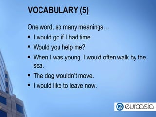 VOCABULARY (5) One word, so many meanings… I would go if I had time Would you help me? When I was young ,  I would often walk by the sea. The dog wouldn’t move. I would like to leave now. 
