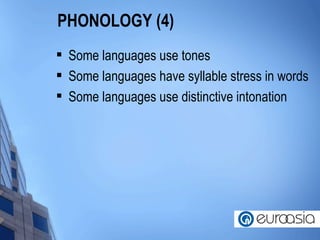 PHONOLOGY (4) Some languages use tones Some languages have syllable stress in words Some languages use distinctive intonation 