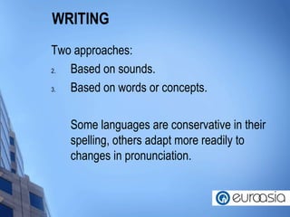 WRITING Two approaches: Based on sounds. Based on words or concepts. Some languages are conservative in their spelling, others adapt more readily to changes in pronunciation.  