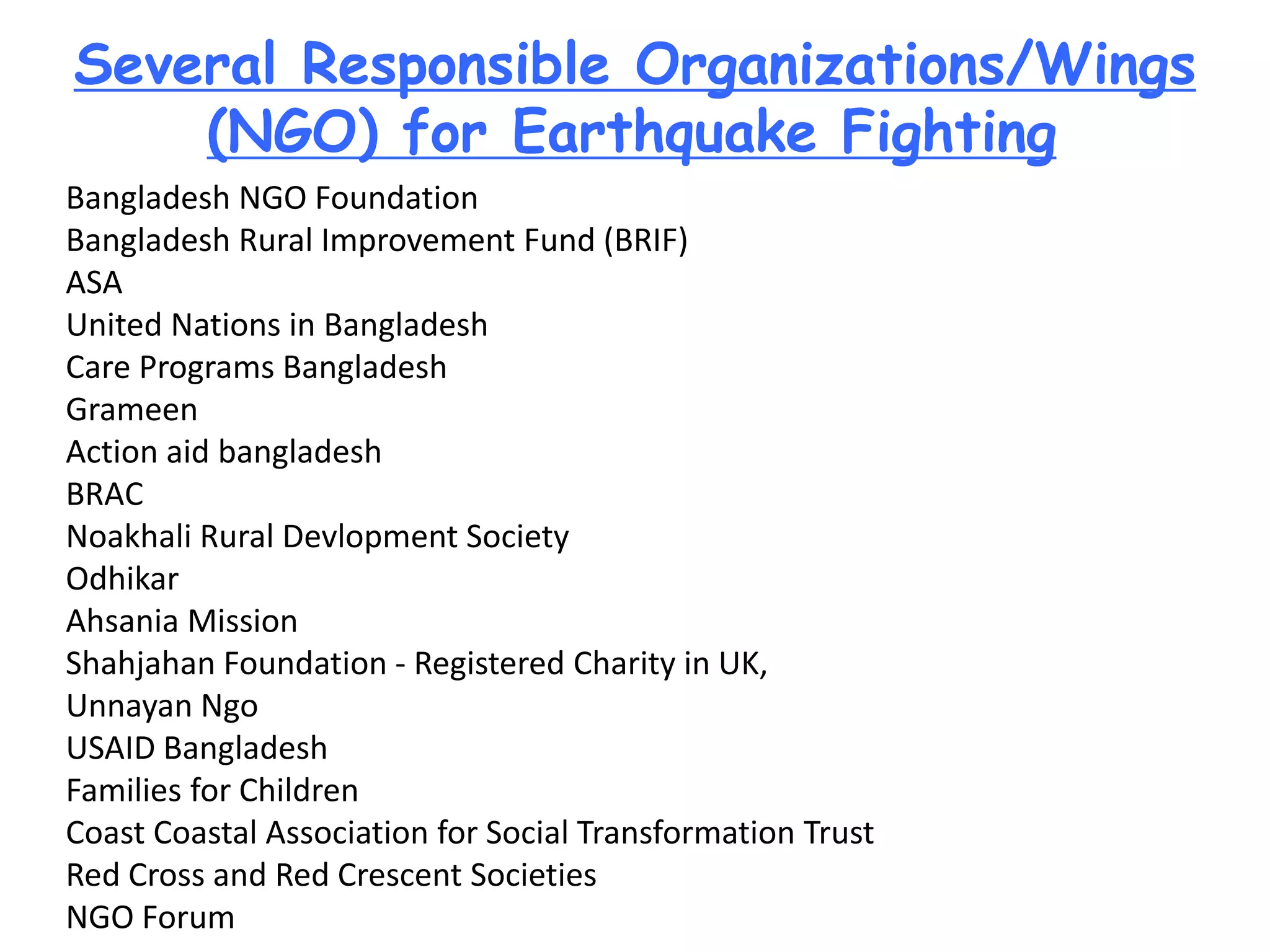 Bangladesh NGO Foundation
Bangladesh Rural Improvement Fund (BRIF)
ASA
United Nations in Bangladesh
Care Programs Bangladesh
Grameen
Action aid bangladesh
BRAC
Noakhali Rural Devlopment Society
Odhikar
Ahsania Mission
Shahjahan Foundation - Registered Charity in UK,
Unnayan Ngo
USAID Bangladesh
Families for Children
Coast Coastal Association for Social Transformation Trust
Red Cross and Red Crescent Societies
NGO Forum
Several Responsible Organizations/Wings
(NGO) for Earthquake Fighting
 