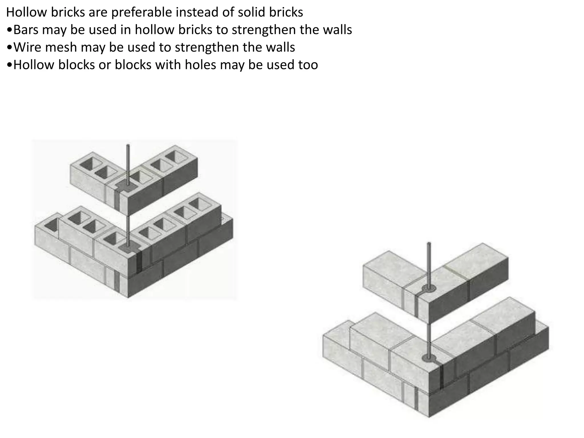 Hollow bricks are preferable instead of solid bricks
•Bars may be used in hollow bricks to strengthen the walls
•Wire mesh may be used to strengthen the walls
•Hollow blocks or blocks with holes may be used too
 