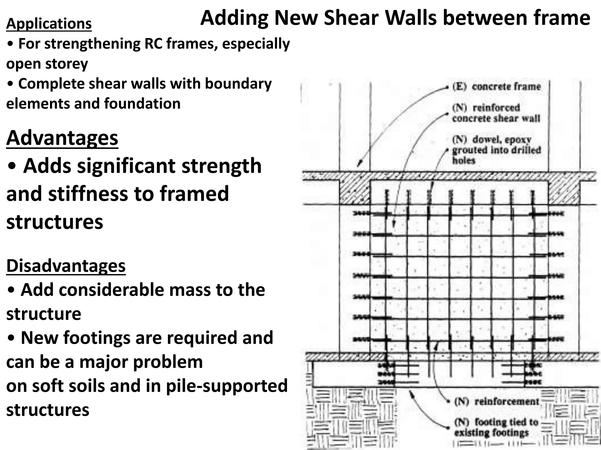 Adding New Shear Walls between frameApplications
• For strengthening RC frames, especially
open storey
• Complete shear walls with boundary
elements and foundation
Advantages
• Adds significant strength
and stiffness to framed
structures
Disadvantages
• Add considerable mass to the
structure
• New footings are required and
can be a major problem
on soft soils and in pile-supported
structures
 