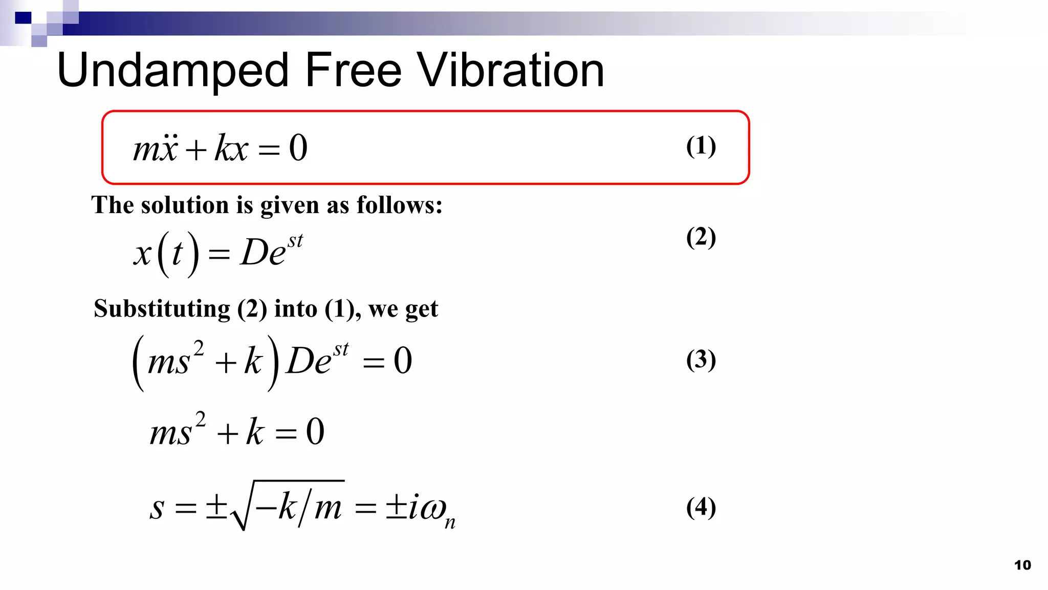 Undamped Free Vibration
10
0
mx kx
  (1)
The solution is given as follows:
  st
x t De

(2)
Substituting (2) into (1), we get
 
2
0
st
ms k De
 
2
0
ms k
 
(3)
n
s k m i
     (4)
 