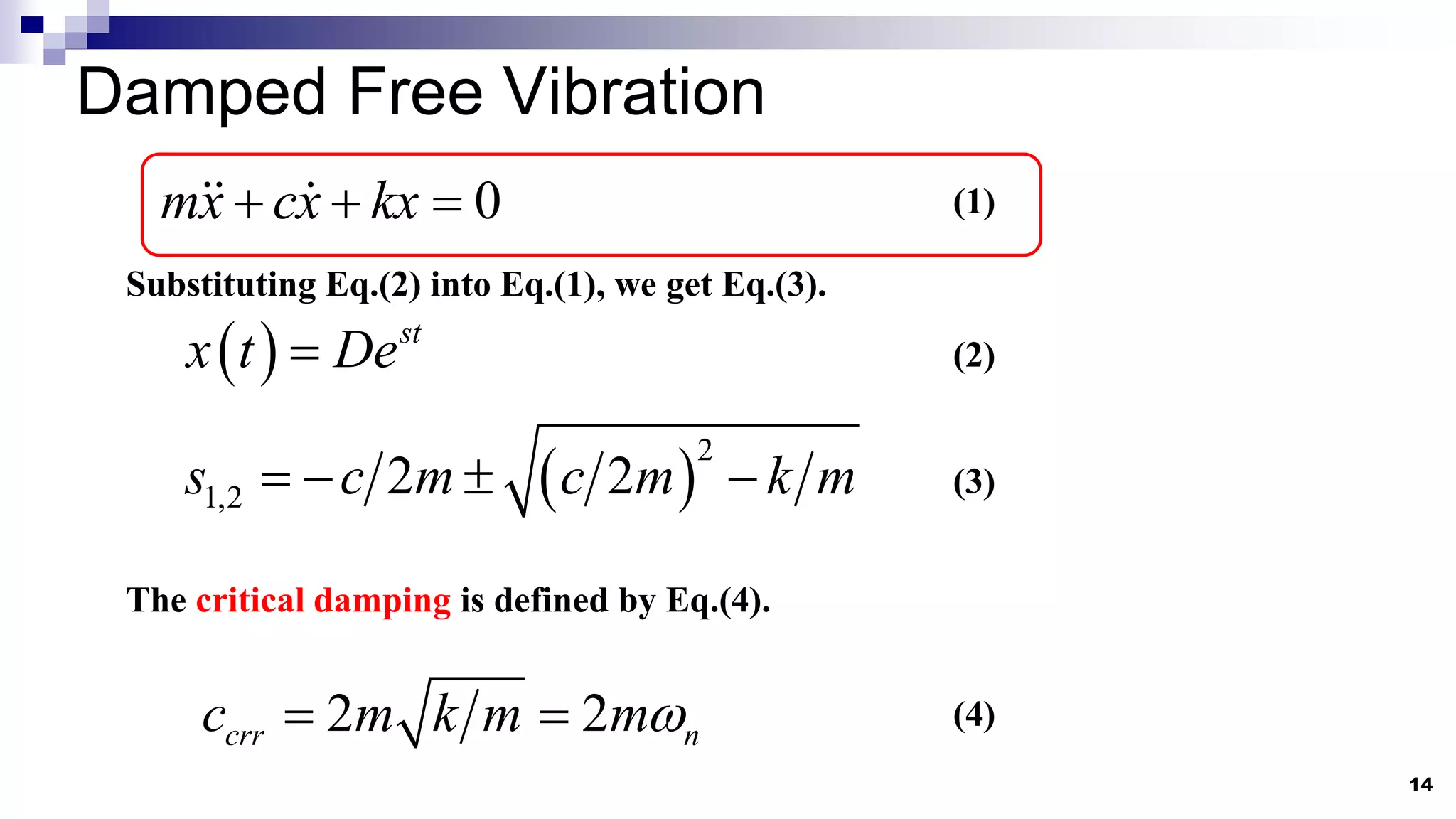 Damped Free Vibration
14
0
mx cx kx
   (1)
  st
x t De

Substituting Eq.(2) into Eq.(1), we get Eq.(3).
 
2
1,2 2 2
s c m c m k m
    (3)
(2)
The critical damping is defined by Eq.(4).
2 2
crr n
c m k m m
  (4)
 
