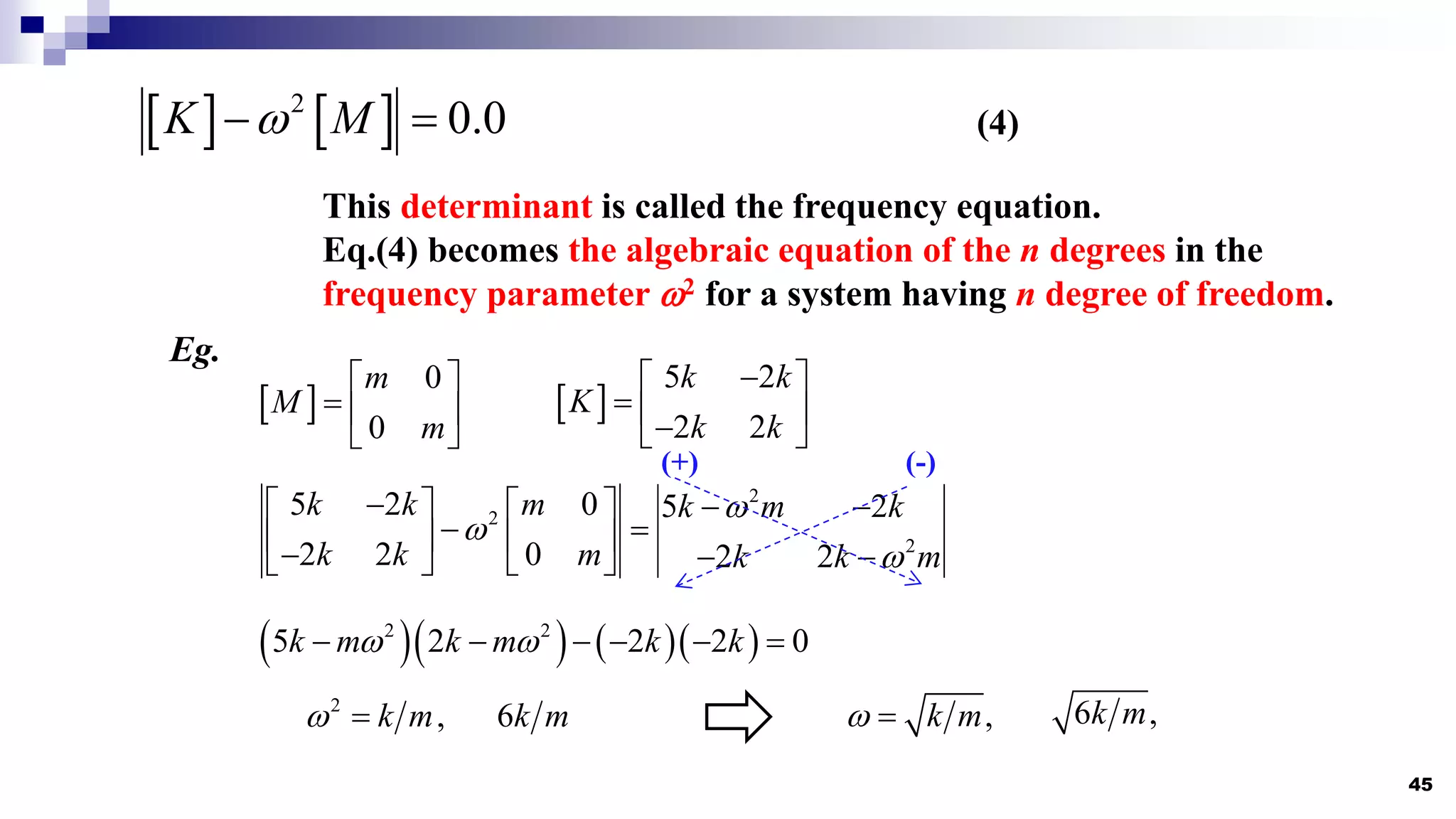 45
   
2
0.0
K M

  (4)
This determinant is called the frequency equation.
Eq.(4) becomes the algebraic equation of the n degrees in the
frequency parameter 2 for a system having n degree of freedom.
 
0
0
m
M
m
 
  
 
 
5 2
2 2
k k
K
k k

 
  

 
Eg.
2
2
2
5 2 0 5 2
2 2 0 2 2
k k m k m k
k k m k k m



  
   
 
   
  
   
     
2 2
5 2 2 2 0
k m k m k k
 
     
2
,
k m
  6k m ,
k m
  6 ,
k m
(-)
(+)
 