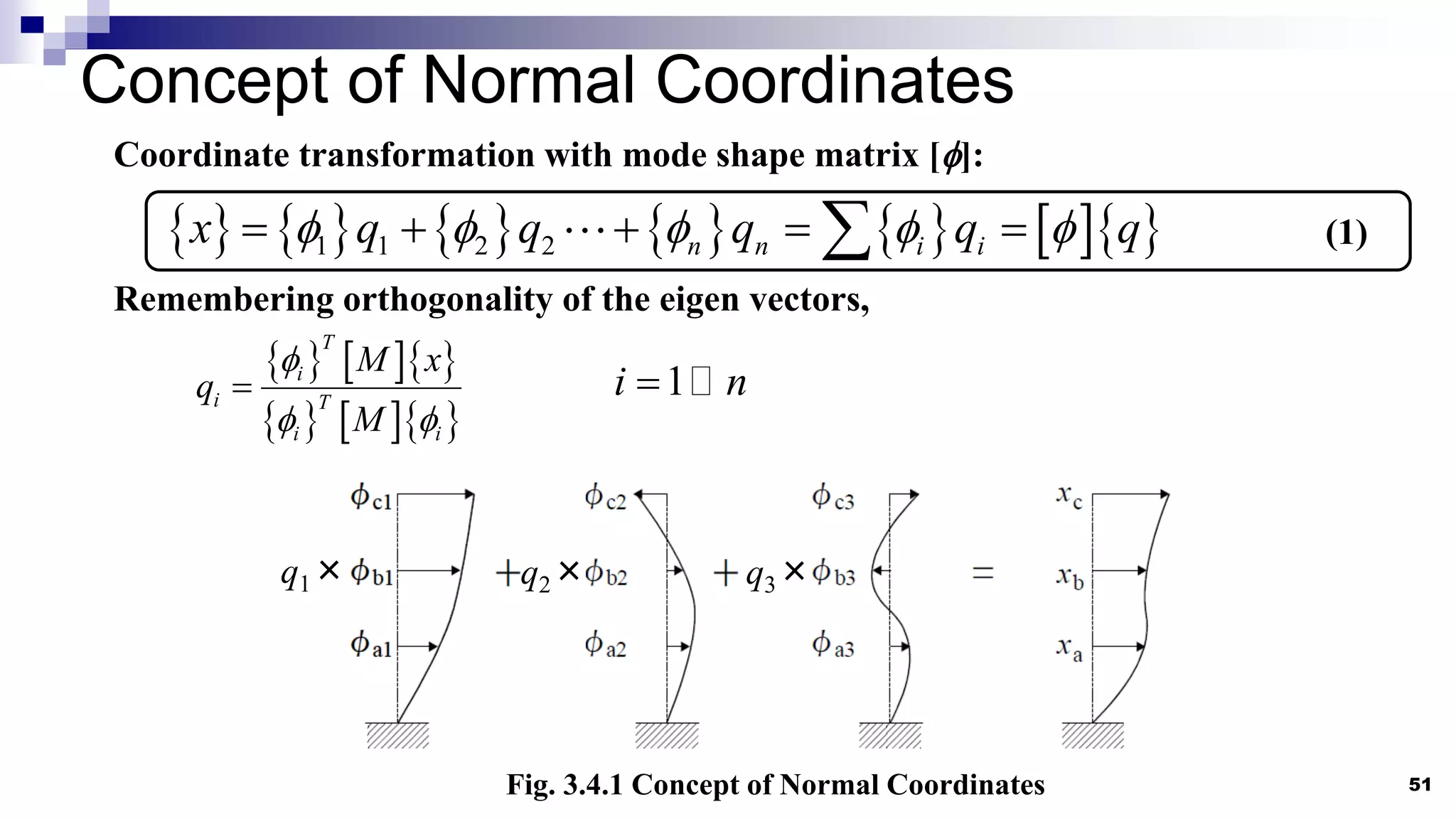 Concept of Normal Coordinates
51
Coordinate transformation with mode shape matrix []:
            
1 1 2 2 n n i i
x q q q q q
    
    

Remembering orthogonality of the eigen vectors,
    
    
T
i
i T
i i
M x
q
M

 
 1
i n

Fig. 3.4.1 Concept of Normal Coordinates
q1× q2× q3×
(1)
 
