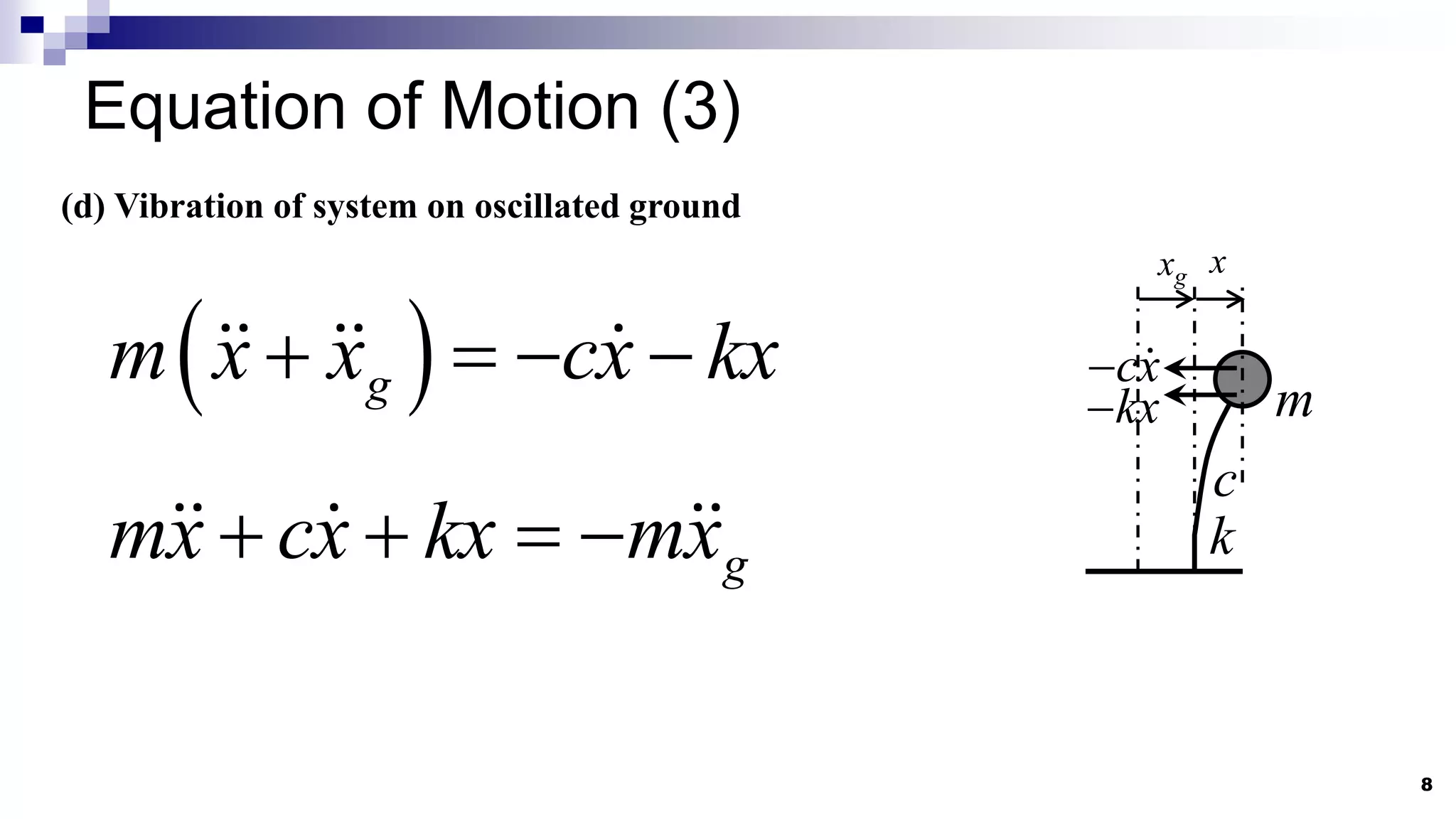 Equation of Motion (3)
8
(d) Vibration of system on oscillated ground
 
g
m x x cx kx
   
x
m
k
c
cx

kx

xg
g
mx cx kx mx
   
 