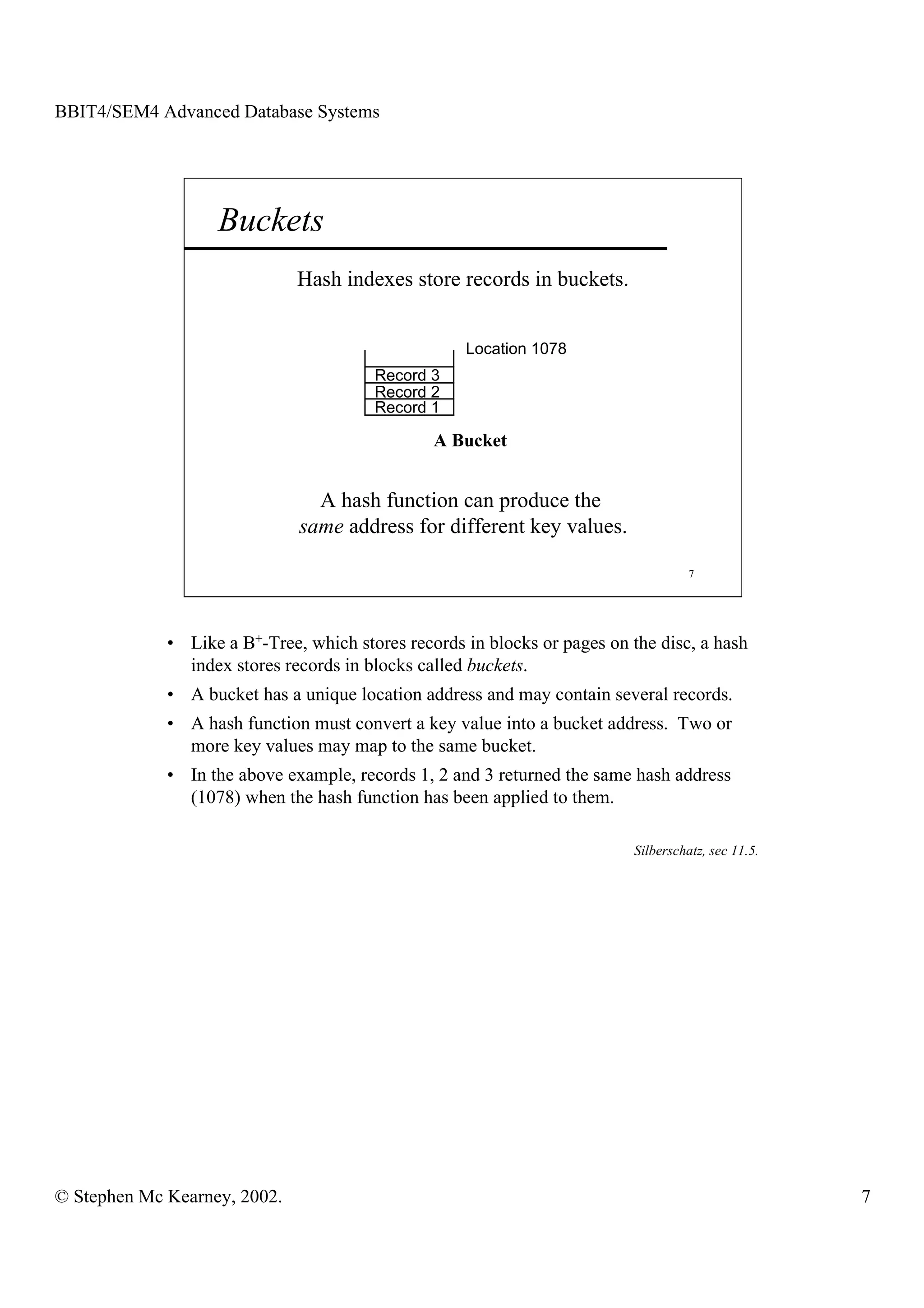 BBIT4/SEM4 Advanced Database Systems




                   Buckets
                              Hash indexes store records in buckets.


                                                    Location 1078
                                        Record 3
                                        Record 2
                                        Record 1

                                                A Bucket


                                A hash function can produce the
                              same address for different key values.

                                                                                    7




             • Like a B+-Tree, which stores records in blocks or pages on the disc, a hash
               index stores records in blocks called buckets.
             • A bucket has a unique location address and may contain several records.
             • A hash function must convert a key value into a bucket address. Two or
               more key values may map to the same bucket.
             • In the above example, records 1, 2 and 3 returned the same hash address
               (1078) when the hash function has been applied to them.

                                                                          Silberschatz, sec 11.5.




© Stephen Mc Kearney, 2002.                                                                         7
 