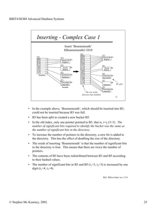 BBIT4/SEM4 Advanced Database Systems




                   Inserting - Complex Case 1
                                             Insert ‘Bournemouth’
                                            f(Bournemouth)=1010
                                                          4
                                                         0000                      1
                     3                                   0001                      Round Hill B1
                    000                1
                                                         0010                       Brighton
                                       Round Hill B1
                    001                                  0011
                                        Brighton
                    010                                  0100
                    011                3                 0101
                                                                                   3
                    100                             B2   0110
                                           Poole         0111                          Poole    B2
                    101                    Mianus
                                                         1000                          Mianus
                    110
                    111                3                 1001
                                                         1010                      4
                       Directory       Downtown B3
                                                         1011                      Downtown B3
                                       Redwood                                     Bournemth
                                                         1100
                                                         1101
                                       2                                           4
                                                         1110
                                       Perryridge B4                                            B5
                                                         1111                                        B3 split
                                       Clearview                                   Redwood
                                        Buckets                                    2
                                                                                   Perryridge B4
                                                                                   Clearview
                                                              The size of the
                                                          directory has doubled.
                                                                                                     25




             • In the example above, ‘Bournemouth’, which should be inserted into B3,
               could not be inserted because B3 was full.
             • B3 has been split to created a new bucket B5.
             • In the old index, only one pointer pointed to B3, that is, i=ij (3=3). The
               number of significant bits required to identify the bucket was the same as
               the number of significant bits in the directory.
             • To increase the number of pointers in the directory, a new bit is added to
               the directory. This has the effect of doubling the size of the directory.
             • The result of inserting ‘Bournemouth’ is that the number of significant bits
               in the directory is four. This means that there are twice the number of
               pointers.
             • The contents of B3 have been redistributed between B3 and B5 according
               to their hashed values.
             • The number of significant bits in B3 and B5 (i1=3, i5=3) is increased by one
               digit (i1=4, i5=4).

                                                                                   Ref: Silberschatz sec 11.6.




© Stephen Mc Kearney, 2002.                                                                                      25
 