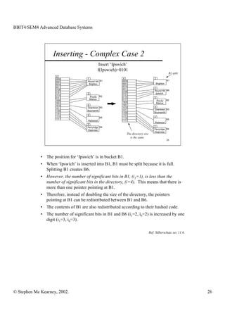BBIT4/SEM4 Advanced Database Systems




                   Inserting - Complex Case 2
                                                     Insert ‘Ipswich’
                                                    f(Ipswich)=0101
                                                                                                             B1 split
                      4
                     0000              1                          4                          2
                                       Round Hill B1             0000                                       B1
                     0001
                     0010               Brighton                 0001                            Brighton
                     0011                                        0010
                                                                 0011                        2
                     0100                                                                    Round Hill B6
                     0101                                        0100
                                       3                         0101                         Ipswich
                     0110
                                           Poole     B2          0110
                     0111                                                                    3
                     1000                  Mianus                0111                                       B2
                                                                 1000
                                                                                                 Poole
                     1001                                                                        Mianus
                     1010              4                         1001
                                       Downtown B3               1010                        4
                     1011
                                                                 1011                        Downtown B3
                     1100              Bournemth
                     1101                                        1100                        Bournemth
                     1110              4                         1101
                                                     B5          1110                        4
                     1111                                                                                   B5
                                       Redwood                   1111
                                                                                             Redwood
                                       2
                                       Perryridge B4                                         2
                                       Clearview                                             Perryridge B4
                                                                                             Clearview
                                                                    The directory size
                                                                      is the same.
                                                                                                            26




             • The position for ‘Ipswich’ is in bucket B1.
             • When ‘Ipswich’ is inserted into B1, B1 must be split because it is full.
               Splitting B1 creates B6.
             • However, the number of significant bits in B1, (i1=1), is less than the
               number of significant bits in the directory, (i=4). This means that there is
               more than one pointer pointing at B1.
             • Therefore, instead of doubling the size of the directory, the pointers
               pointing at B1 can be redistributed between B1 and B6.
             • The contents of B1 are also redistributed according to their hashed code.
             • The number of significant bits in B1 and B6 (i1=2, i6=2) is increased by one
               digit (i1=3, i6=3).

                                                                                         Ref: Silberschatz sec 11.6.




© Stephen Mc Kearney, 2002.                                                                                             26
 