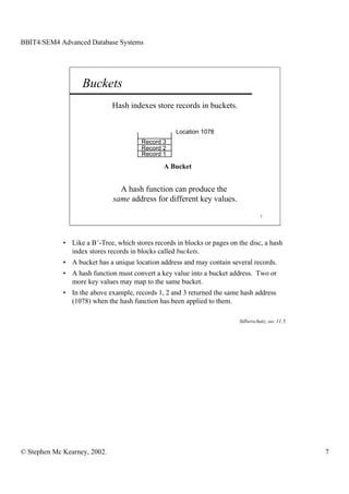 BBIT4/SEM4 Advanced Database Systems




                   Buckets
                              Hash indexes store records in buckets.


                                                    Location 1078
                                        Record 3
                                        Record 2
                                        Record 1

                                                A Bucket


                                A hash function can produce the
                              same address for different key values.

                                                                                    7




             • Like a B+-Tree, which stores records in blocks or pages on the disc, a hash
               index stores records in blocks called buckets.
             • A bucket has a unique location address and may contain several records.
             • A hash function must convert a key value into a bucket address. Two or
               more key values may map to the same bucket.
             • In the above example, records 1, 2 and 3 returned the same hash address
               (1078) when the hash function has been applied to them.

                                                                          Silberschatz, sec 11.5.




© Stephen Mc Kearney, 2002.                                                                         7
 