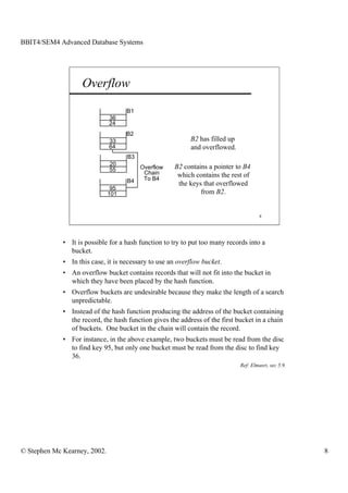 BBIT4/SEM4 Advanced Database Systems




                    Overflow

                                    B1
                              36
                              24
                                    B2
                              33                           B2 has filled up
                              64                           and overflowed.
                                    B3
                              20                     B2 contains a pointer to B4
                              55         Overflow
                                          Chain       which contains the rest of
                                    B4    To B4
                                                      the keys that overflowed
                               95
                              101                             from B2.


                                                                                       8




             • It is possible for a hash function to try to put too many records into a
               bucket.
             • In this case, it is necessary to use an overflow bucket.
             • An overflow bucket contains records that will not fit into the bucket in
               which they have been placed by the hash function.
             • Overflow buckets are undesirable because they make the length of a search
               unpredictable.
             • Instead of the hash function producing the address of the bucket containing
               the record, the hash function gives the address of the first bucket in a chain
               of buckets. One bucket in the chain will contain the record.
             • For instance, in the above example, two buckets must be read from the disc
               to find key 95, but only one bucket must be read from the disc to find key
               36.
                                                                              Ref: Elmasri, sec 5.9.




© Stephen Mc Kearney, 2002.                                                                            8
 