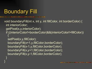 void boundaryFill(int x, int y, int fillColor, int borderColor) { int interiorColor; getPixel(x,y,interiorColor); if ((interiorColor!=borderColor)&&(interiorColor!=fillColor)) { setPixel(x,y,fillColor); boundaryFill(x+1,y,fillColor,borderColor);  boundaryFill(x-1,y,fillColor,borderColor); boundaryFill(x,y+1,fillColor,borderColor); boundaryFill(x,y-1,fillColor,borderColor); } } Boundary Fill 