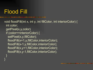 void floodFill(int x, int y, int fillColor, int interiorColor) { int color; getPixel(x,y,color) if (color==interiorColor) { setPixel(x,y,fillColor); floodFill(x+1,y,fillColor,interiorColor);  floodFill(x-1,y,fillColor,interiorColor); floodFill(x,y+1,fillColor,interiorColor); floodFill(x,y-1,fillColor,interiorColor); } } Flood Fill 