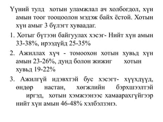 Үүний тулд хотын уламжлал ач холбогдол, хүн
амын тоог тооцоолон мэдэж байх ёстой. Хотын
хүн амыг 3 бүлэгт хуваадаг.
1. Хотыг бүтээн байгуулах хэсэг- Нийт хүн амын
33-38%, ирээдүйд 25-35%
2. Ажиллах хүч - томоохон хотын хувьд хүн
амын 23-26%, дунд болон жижиг хотын
хувьд 19-22%
3. Ажилгүй идэвхтэй бус хэсэгт- хүүхдүүд,
өндөр настан, хөгжлийн бэрхшээлтэй
иргэд, хотын хэмжээнээс хамаарахгүйгээр
нийт хүн амын 46-48% хэлбэлзэнэ.
 