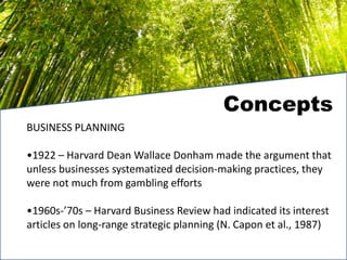 Concepts
BUSINESS PLANNING
•1922 – Harvard Dean Wallace Donham made the argument that
unless businesses systematized decision-making practices, they
were not much from gambling efforts
•1960s-’70s – Harvard Business Review had indicated its interest
articles on long-range strategic planning (N. Capon et al., 1987)
 